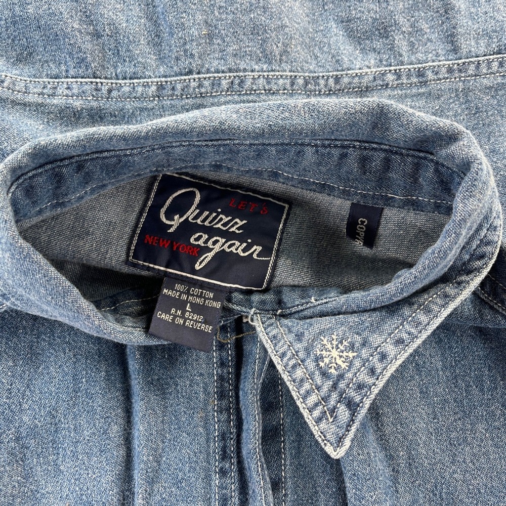 Vintage 90s Quizzical Denim Shirt L Blue Christmas Noahs Ark Festive Grandmacore - Picture 3 of 14
